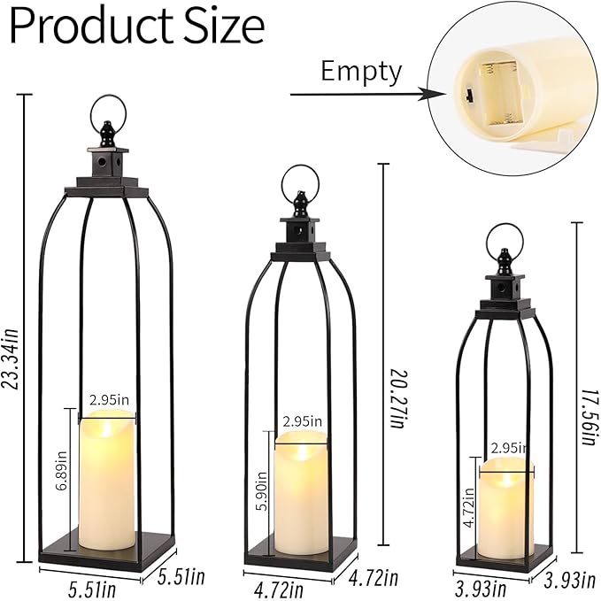 3 Pcs Black Metal Decorative Candle Lantern Set, 16'' 19'' 22'' Modern Lantern with 3 Flameless Candles for Indoor & Outdoor, Decorative Large Lanterns for Porch, Patio, Fireplace & Home Decor