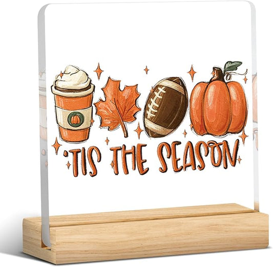 Tis the Season Fall Decor Retro Fall Decorations for Home Office Autumn Pumpkin Decorations Sign Rustic Thanksgiving Acrylic Decor for Table 5 x 5 inches