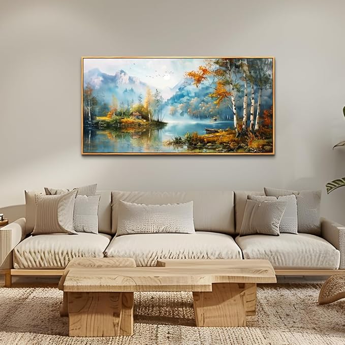 ZUITINGHUA Large Wood Framed Wall Decor For Living Room Canvas Wall Art For Office Modern Wall Decorations For Bedroom Lake View Painting Tree Forest Pictures Artwork Room Home Decor 24x48 In