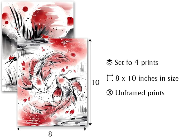 Japanese Wall Art Prints,Japanese Ink Art,Nature Watercolour Art Koi Landscape Canvas Painting Black and Red Posters Prints Pictures for Living Room Home Decor Set of 4("8x10"Unframed)