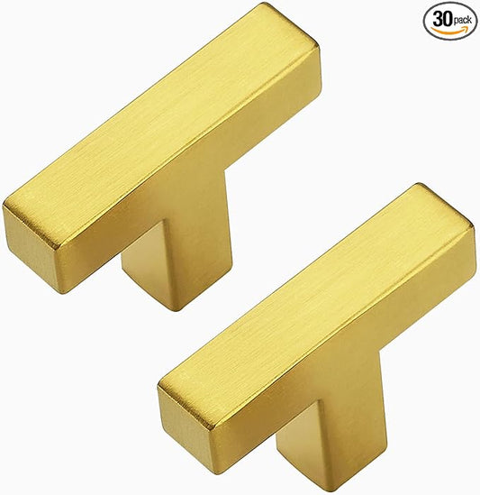 30 Pack Brushed Brass Cabinet Knobs - Kitchen Cabinet Knobs Gold Closet Pulls for Kitchen Drawer Stainless Steel 2in Length Single Hole Square