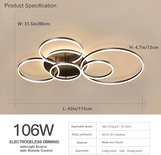 Modern LED Ceiling Light 106W Dimmable Acrylic Ceiling Lamp with Remote Control 6 Rings Circle Living Room Light Fixtures Ceiling Black Ceiling Chandelier Lighting for Bedroom Dining Room (5+1B01)