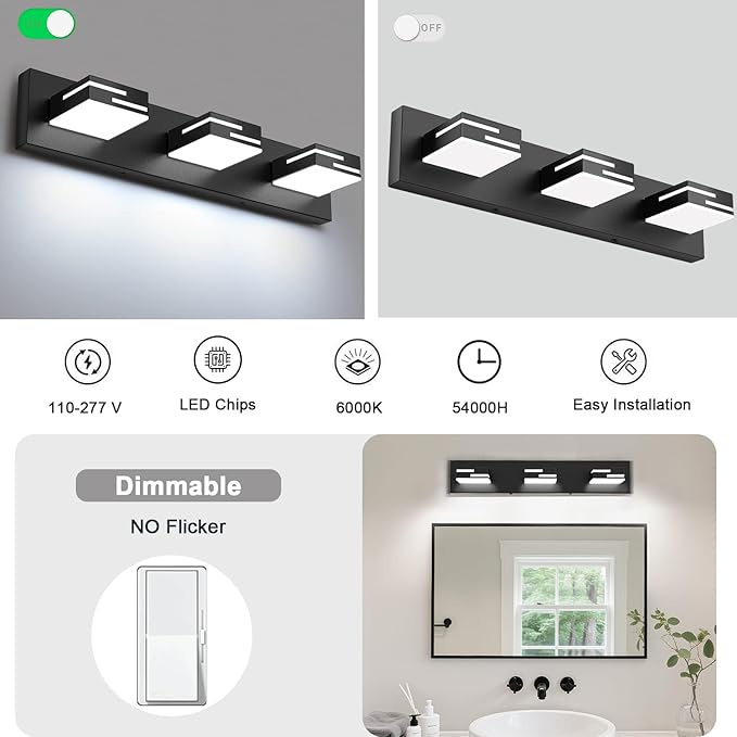 LED Modern Bathroom Vanity Light Fixtures, 3-Light 22-inch Dimmable Matte Black Vanity Lights for Bathroom Lighting Fixtures Over Mirror, with 350° Rotatable Acrylic Heads (Cool White 6000K)