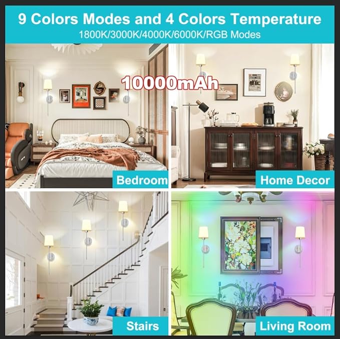 10000mAh Battery Operated Wall Sconces Set of Two, 28 Inches Long Wireless Sconces Set of 2 Wall Light with RGB Rechargeable Magnetic Bulb, Sconces Wall Decor Set of 2 for Bedroom Living Room, Silver