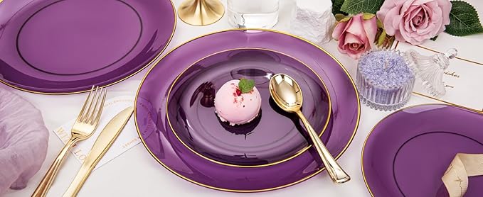 YOUBET 125PCS Purple Plastic Plates - Purple Disposable Plates With Gold Rim - Include 50 Dinner & Dessert Plate, 75 Gold Cutlery Perfect for Wedding Parties