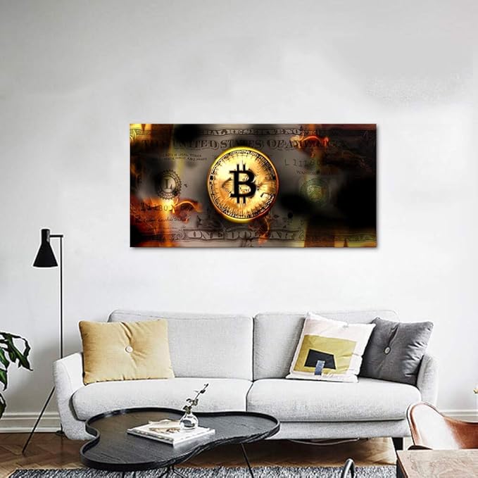 Office Artwork Wall Decor Motivational Burning Bitcoin and Dollars Creative Artwork Office Modern Home Wall Art Work Positive Money Canvas Wall Pictures Posters for Study Room Gym Framed-40"Wx20"H