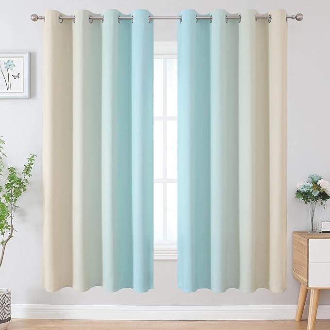 Estelar Textiler Full Room Darkening Gradient Blackout Curtains 72 Inch Length 2 Panels Set, Ombre Aqua and Beige Thermal Insulated Full Light Blocking Grommet Blackout Drapes for Bedroom, 52Wx72L
