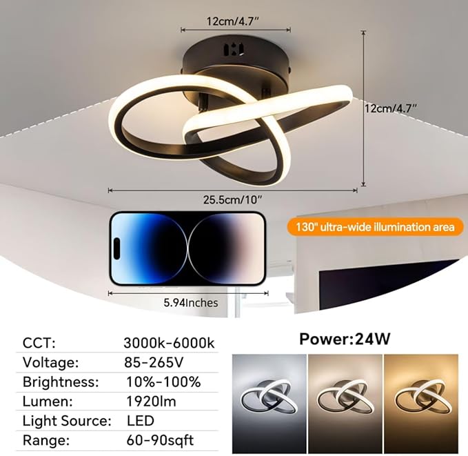 10 Inch Modern Ceiling Light, 24W LED Dimmable Ceiling Light with Remote Control, 3000-6000K Color Temperature Adjustable, Balck Small Chandelier for Bedroom, Entryway, Hallway, Kitchen