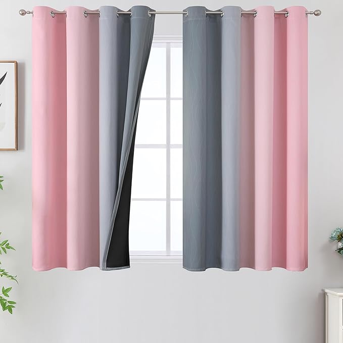 Pink and Grey Blackout Curtains 54 inches Long,Ombre Full Room Darkening Window Curtains for Living Room,Grommet Thermal Insulated Drapes,Light Blocking Curtains for Girls Bedroom,52x54 Inch, 2 Panels