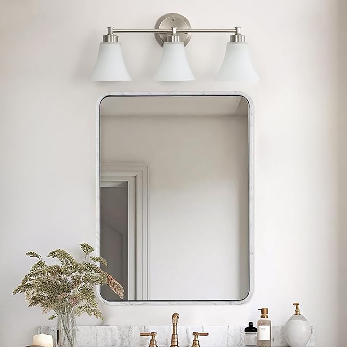 LOUSACE 3 Light Bathroom Vanity Light Vintage Brushed Nickel Bathroom Lighting Fixtures Over Mirror, Traditional Wall Sconce Lighting with Opal Glass Shade, Nickel Vanity Lighting Fixture