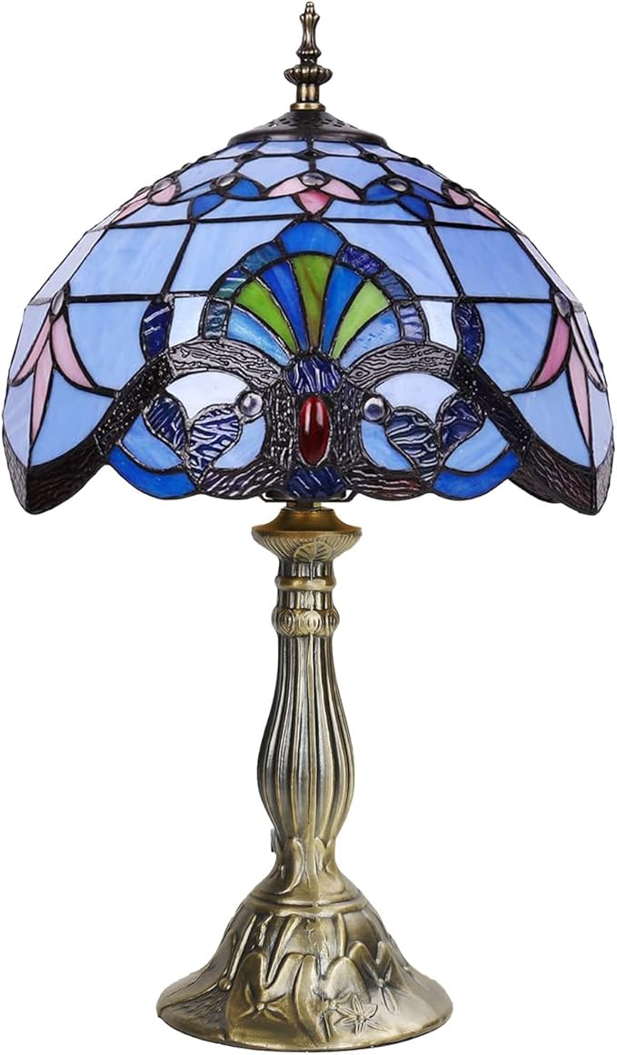 YingJu Tiffany Lamp,Blue Stained Glass Lamp,12X12X19 Inches Vintage Table Lamp for Bedroom,Living Room,Home Office(Including 2 LED Bulbs)