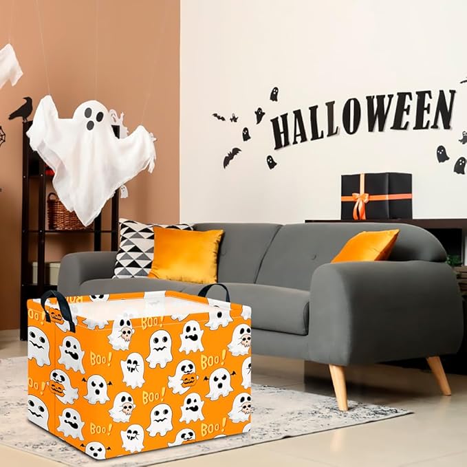 CLOCOR Rectangular Storage Basket Empty, Gift Basket for Halloween, Waterproof Storage Bin with Handles, Room Decor(Boo Ghosts)