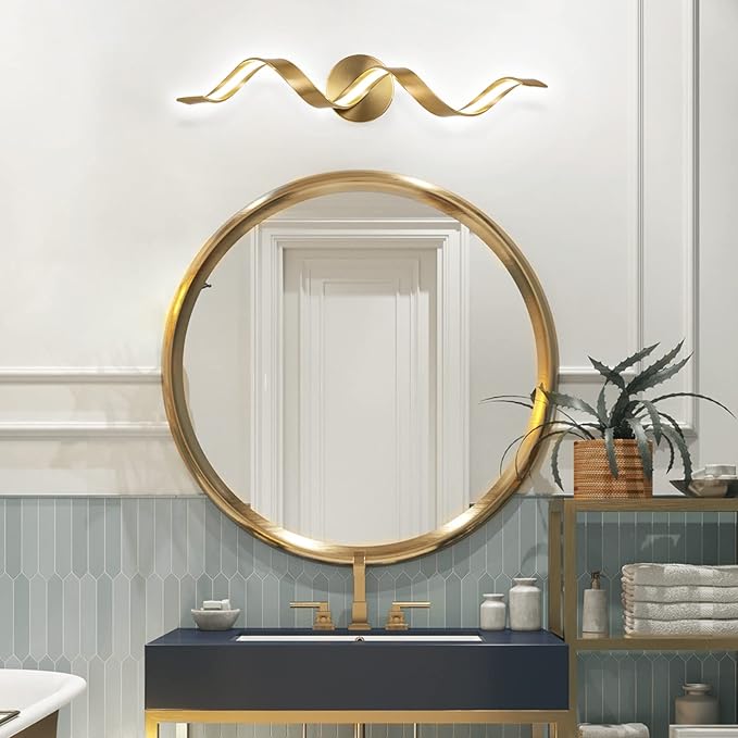Dimmable Gold Bathroom Light Fixtures, 24 inch Spiral Design Modern LED Bathroom Vanity Lights Over Mirror, 15W Wall Light Fixtures for Living Room Cold White 6000K
