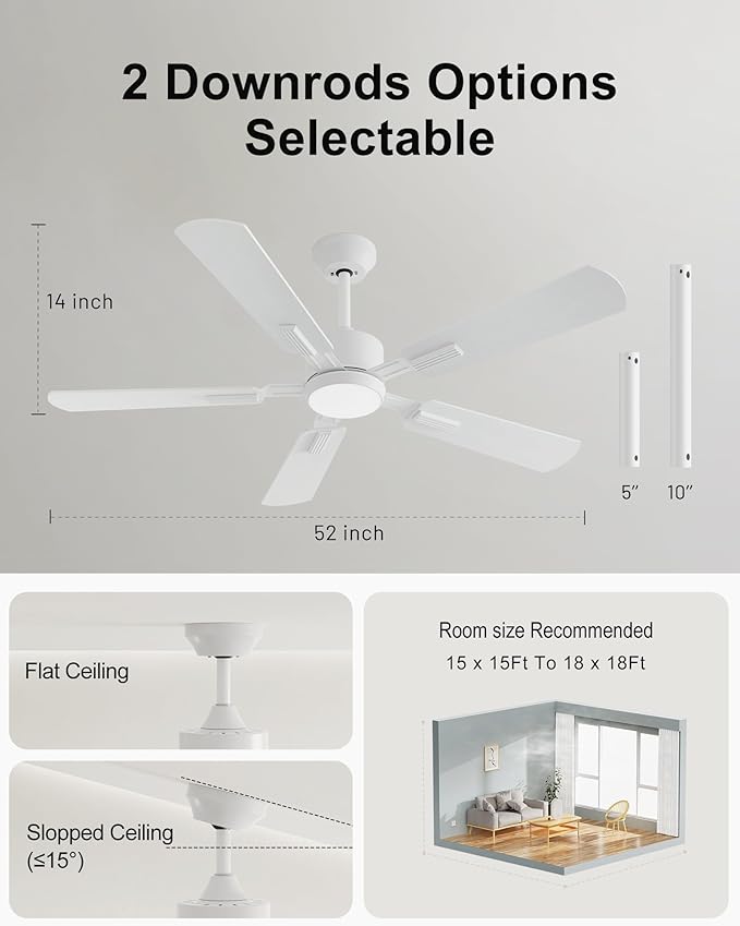 CubiCubi Ceiling Fans with Lights - 52 inch White Ceiling Fan with Light and Remote/APP, Dimmable, Super Quiet, Modern Ceiling Fan for Indoor Bedroom, Living Room, Kitchen