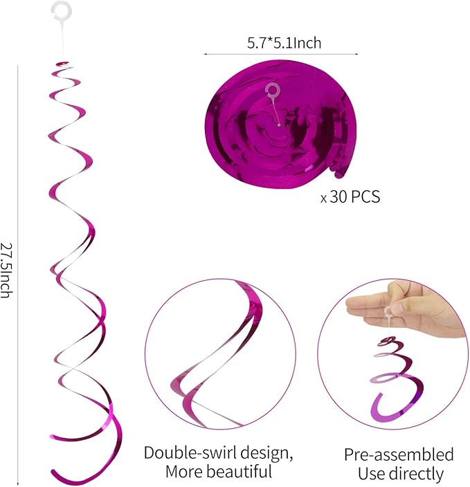 30 Pieces Hot Pink Party Hanging Swirl Decoraions Foil Swirl Hanging Decoration Plastic Streamers Ceiling Decorations Wedding Baby Shower Birthday Party Favors