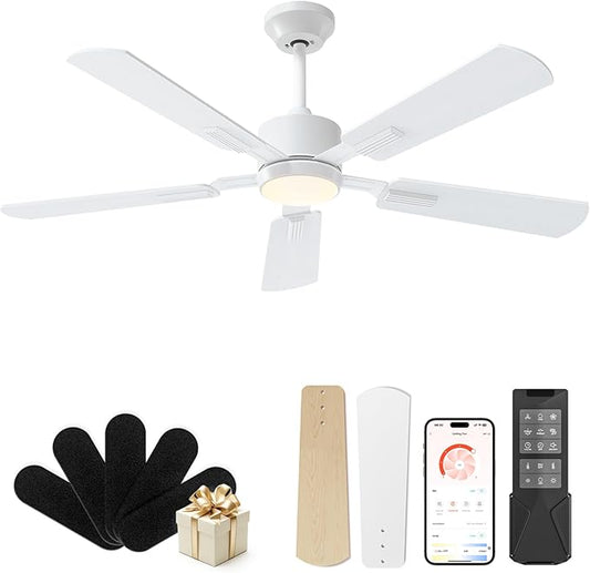 CubiCubi Ceiling Fans with Lights, 52 inch Ceiling Fan with Light and Remote/APP Control, 3CCT, Dimmable, Quiet, Reversible, Modern Ceiling Fans for Indoor Bedroom, Living Room, Kitchen, White