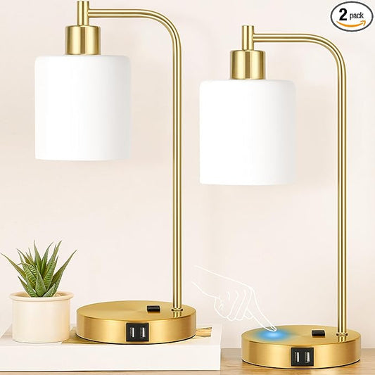 Set of 2 Industrial Touch Control Table Lamps with 2 USB Ports and AC Outlet - 3-Way Dimmable Gold Bedside Lamps Nightstand Desk Lamps for Bedroom Living Room, Opal Glass Shade & 2 LED Bulbs Included