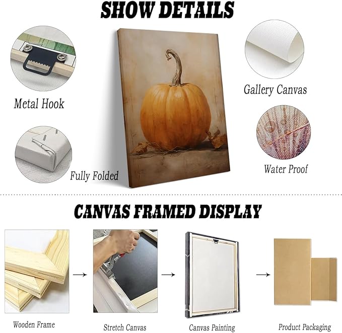 Framed Fall Wall Decor Canvas Print posters Pumpkin Still Life Painting Wall art Rustic Fall Art Vintage Autumn Wall Print Halloween Autumn Decor Thanksgiving 11x14 framed