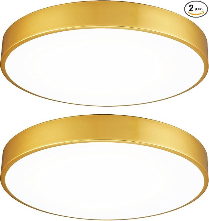 2 Pack Gold LED Ceiling Light Fixture Flush Mount 15 inch 36W, Dimmable Light Fixtures Flush Mount LED, Modern Kitchen Close to Ceiling for Bedroom, Bathroom, Living Room