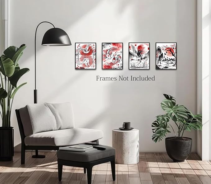 Japanese Wall Art Prints,Japanese Ink Art,Nature Watercolour Art Koi Landscape Canvas Painting Black and Red Posters Prints Pictures for Living Room Home Decor Set of 4("8x10"Unframed)