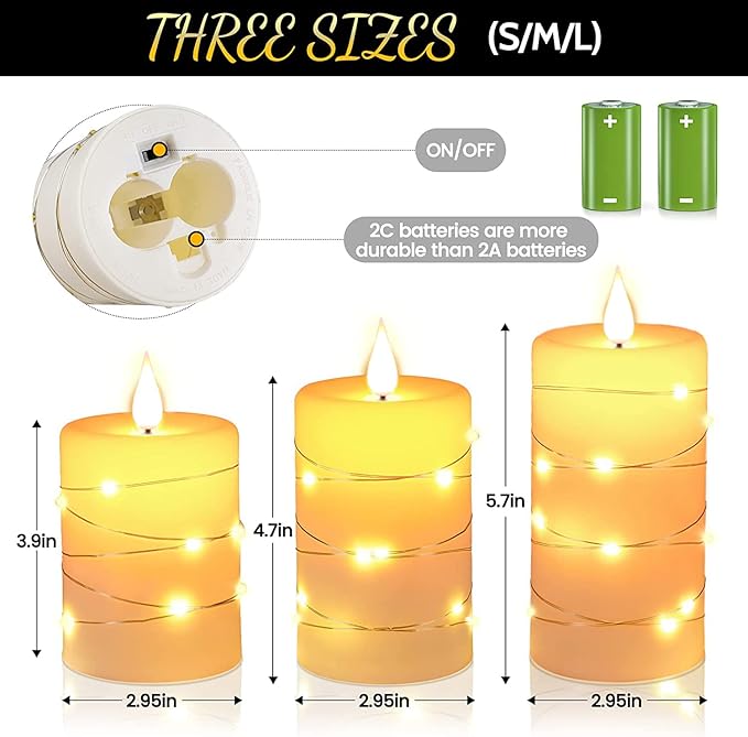 Da by Flameless Candles with String Lights, Battery Operated Candles with Remote and Timer, LED Pillar Candle Real Wax,3 Pack-Ivory White