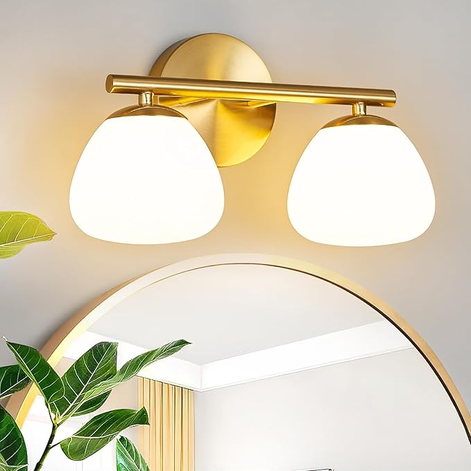Modern 2 Light Bathroom Vanity Light Gold Vanity Light Bathroom Light Fixtures Over Mirror with Milk Glass Shade Bathroom Vanity Lighting Fixtures