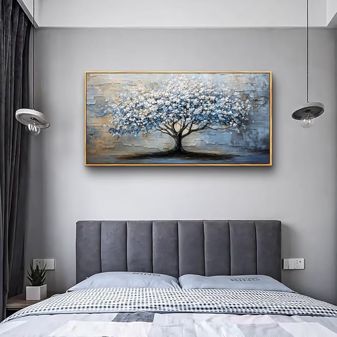 ERQINHUA Wall Art For Living Room Large Wall Decor Art For Office Abstract Pictures Blue Grey Tree Restaurant Wall Painting Framed Canvas Printing Art Bedroom Home Decoration Wood Framed 20"X40"