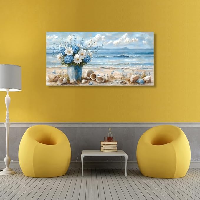 Ocean Waves Vase of Flowers Pictures Canvas Wall Art for Living room Office Bedroom Wall Decor Beach Sea Shell Wall Art Print Paintings Modern Abstract Scenery Artwork Ready to Hang-20x40inch