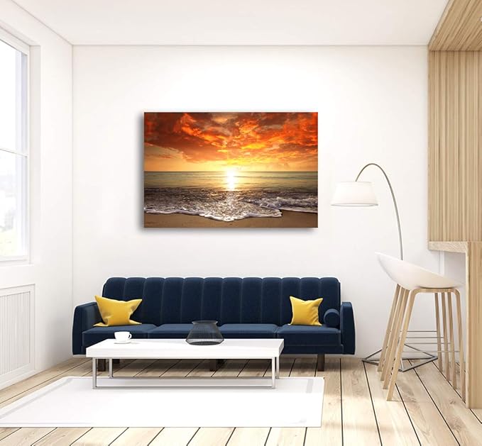 Baisuart-S0169 Canvas Prints Wall Art Sunset Ocean Beach Pictures Photo Paintings for Living Room Bedroom Home Decorations Modern Stretched and Framed Seascape Waves Landscape Giclee Artwork