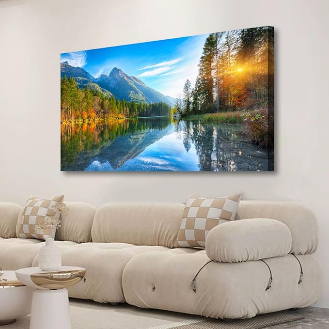 Landscape Canvas Wall Art for Living room Office Bedroom Sunshine Forest Scenery Wall Art Mountain Lake Pictures Art Print Paintings Modern Green Nature Wall Decor Artwork Waterproof -20 * 40inch