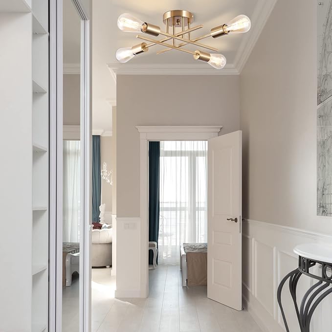 Sputnik Chandeliers, Modern Semi Flush Mount Ceiling Light with E26 Base, Mid Century Industrial Kitchen Farmhouse Light Fixtures for Bedroom Living Room (Brass, Ceiling 4 Lights)