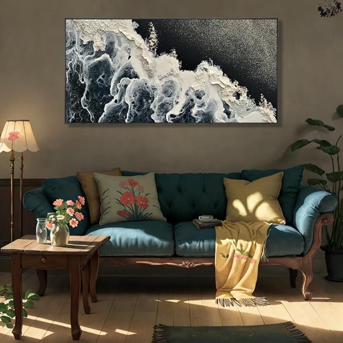 Wall Art Abstract Seascape Artwork Ocean Waves Art Sea Landscape Painting Blue,Black and White for Living Room Bedroom Dining Room Home Office Decor Large Framed Ready to Hang 24"x48"