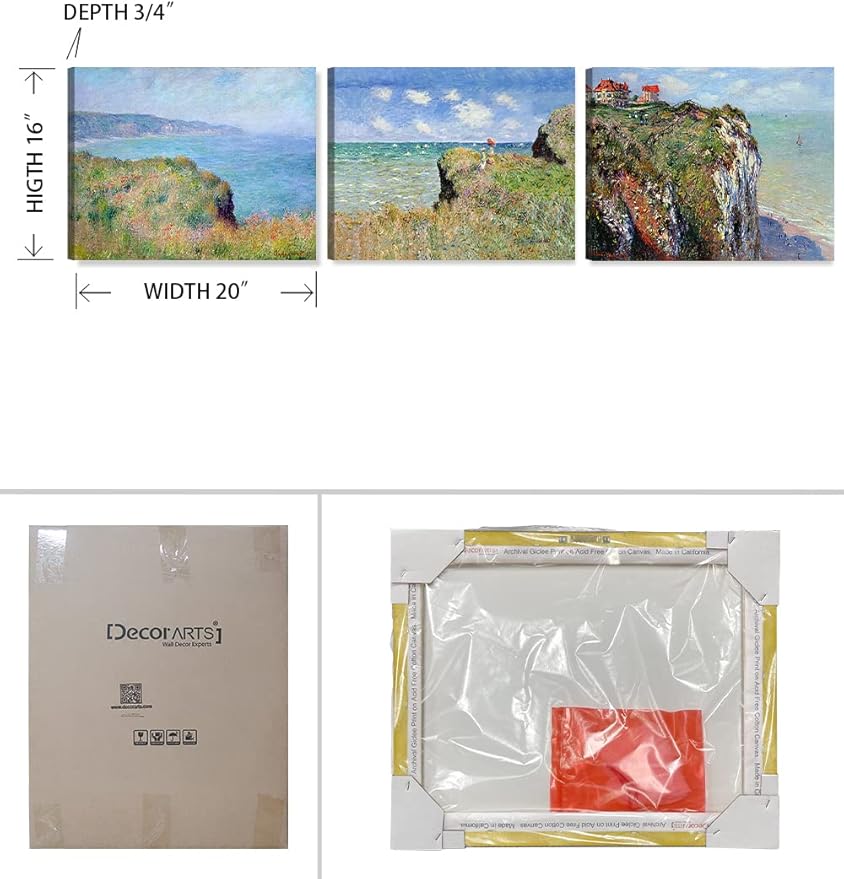DECORARTS - The Cliff Walk Series(Triptych), Claude Monet Art Reproduction. Giclee Canvas Prints Wall Art for Home Decor 20x16, 3pcs/set