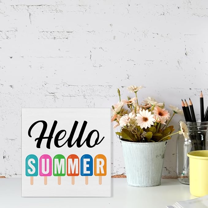 Summer Sign Decor Hello Summer Wood Block Sign Home Kitchen Desk Table Shelf Decoration