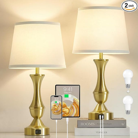 Luvkczc 22" Gold Table Lamps Set of 2 - Modern Luxury Bedside Lamps with White Fabric Shade, 3-Way Dimmable & Dual USB C+A Ports, Nightstand Lamps for Bedroom/Living Room (Bulb Included)