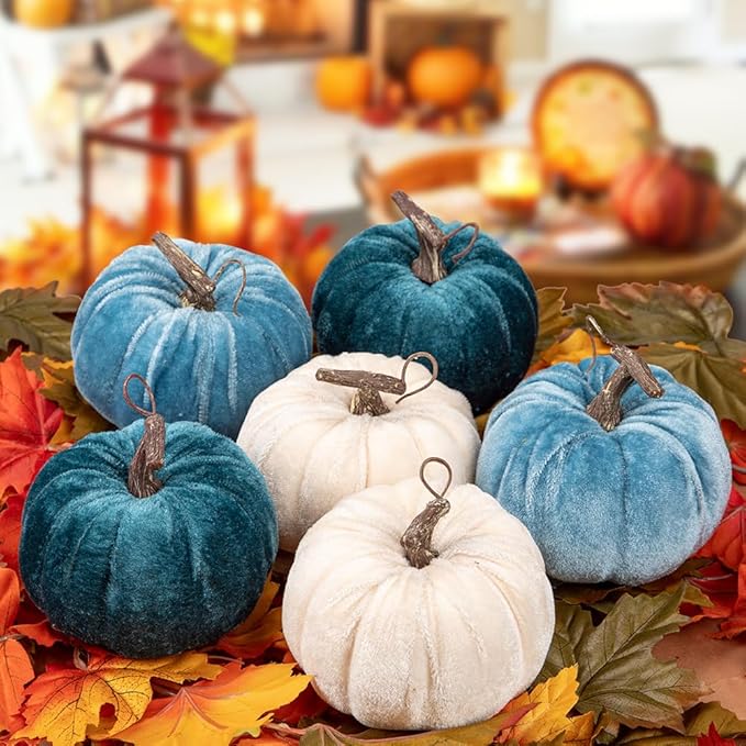 Briful Fall Pumpkins Decoration for Home, 6PCS Blue and White Velvet Fake Pumpkin Decor for Autumn Harvest Thanksgiving Halloween Table Centerpiece Tier Tray Shelf Farmhouse Decoration(4 Inch)