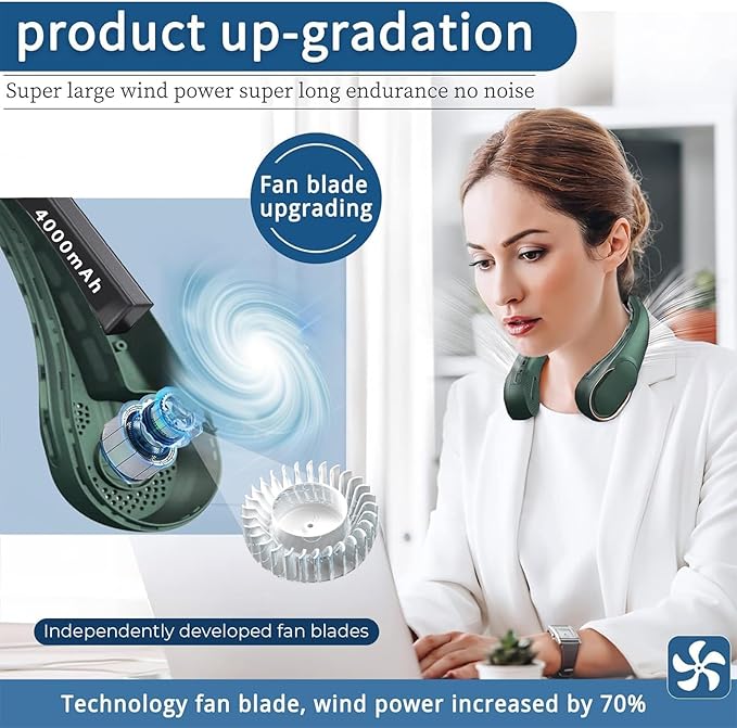 Neck Fan,Portable Bladeless Neck Fan, USB Rechargeable Personal Fan, 4000 mAh Battery Operated Wearable Fan, 3 Speeds Adjustable,Faster Cooling, Ultra Quiet, Suitable for Home, Office, Sports