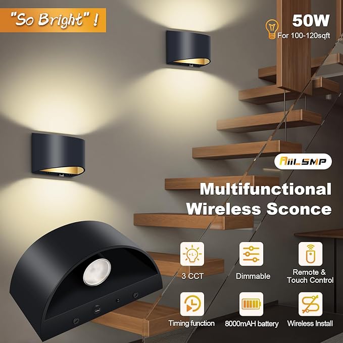 Battery Operated Wall Sconces Set of 4, Black Rechargeable Wireless Remote & Touch Control Wall Lamps, 3 Color Temperatures, Timer Cordless Dimmable Light for Bedroom, Living Room, Hallway