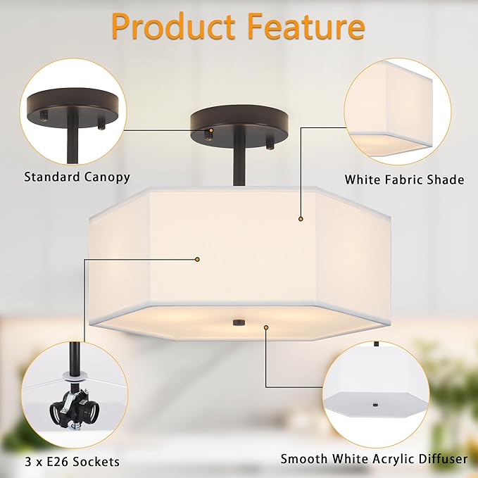 Modern Ceiling Light with White Fabric Shade 3-Light Black Semi Mount Flush Fixture for Bedroom Dining Room Kitchen and Hallway