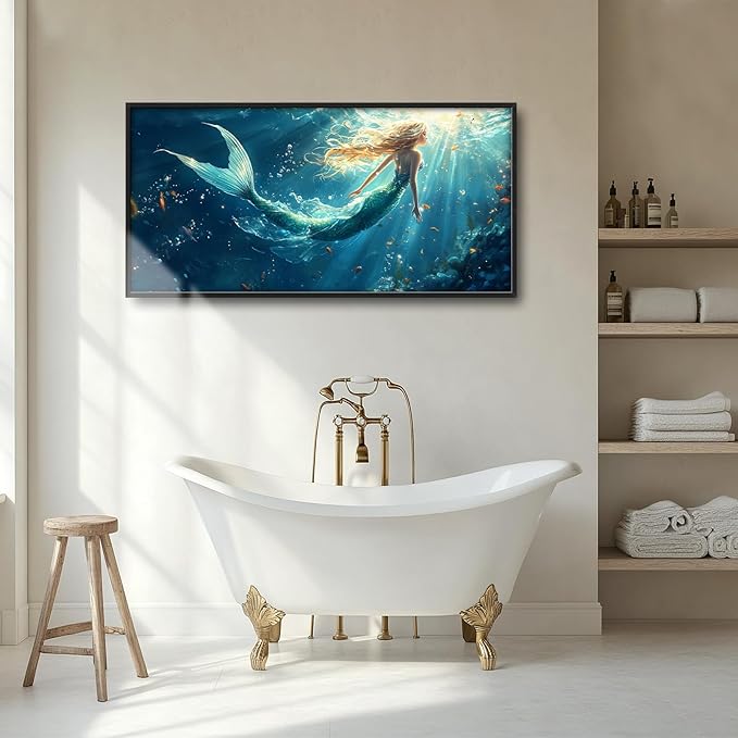 Framed Large Wall Art for Living Room, Beach Mermaid Canvas Wall Decor, Large Ocean Picture Framed Painting, Modern Artwork for Bedroom Office 60L'' × 30W''