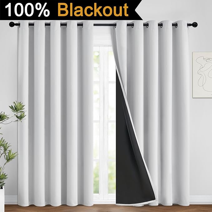 Yakamok 100% Blackout Curtains 84 Inches Long, 2 Thick Layers Heat and Full Light Blocking Soft Thermal Insulated Drapes for Bedroom(62" Wide Each Panel, Greyish White, 2 Panels)