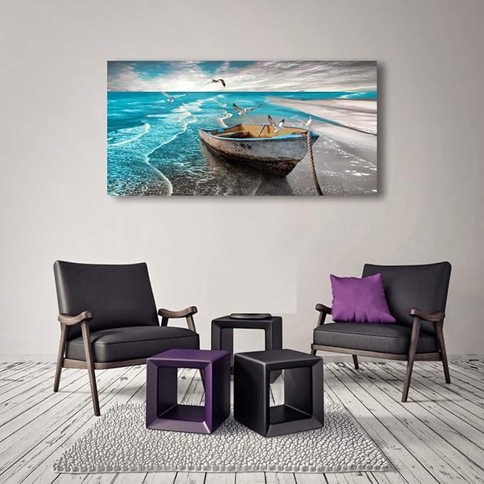 Beach Picture Canvas Wall Art Prints Black and White Waves Seascape Paintigns Home Decor Boat Seagulls Ocean Landscape for Living Room Bedroom Bathroom Decoration Natural Scenery Artwork 20x40inches
