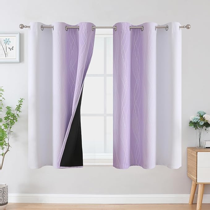 Estelar Textiler Lilac and Greyish White Ombre Blackout Curtains 54 Inch Length 2 Panels, Full Room Darkening Gradient Drapes for Kitchen, Thermal Insulated Grommet Short Curtains for Bathroom,42Wx54L
