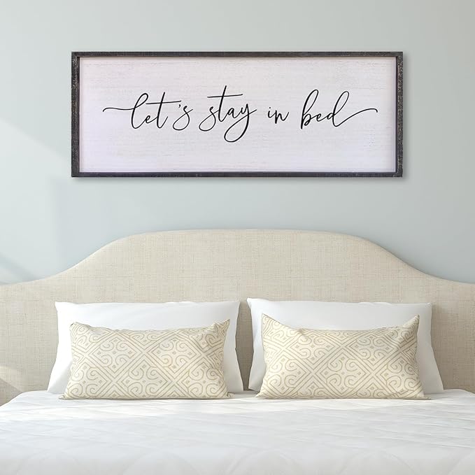 Surfapans Lets Stay In Bed Wall Decor 40”X15” Large Farmhouse Master Room Above Bed Soild Wood Framed Rustic Guest Room Sign Beautiful And Simple Plaque Over Bed Hanging Wall Art Decoration (Black)
