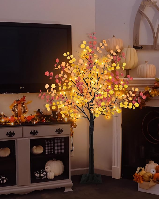 Uieke 4FT 48LED Lighted Fall Eucalyptus Tree Artificial Fall Tree with 12PCS Pumpkins & 8 Modes Thanksgiving Fall Decorations for Home Autumn Decor Indoor Outdoor