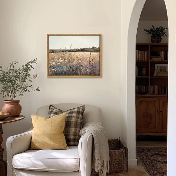 KBKBART Framed Vintage Wall Art Prints, Retro European Country Autumn Wildflower Field Landscape Canvas Painting Farmhouse Decor, Rustic Antique Framed Canvas Wall Art for Bathroom, Bedroom, Living