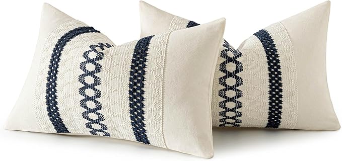 MIULEE Set of 2 Navy Blue Boho Decorative Lumbar Pillow Covers 12x20 Inch Farmhouse Rustic Couch Throw Pillows Modern Cotton Cushion Covers Retro Cute Macrame Woven Home Decor for Bed Sofa Chair