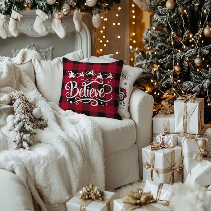 GEEORY Merry Christmas Throw Pillow Covers 16x16 Inch Set of 4, Xmas Trees Truck Buffalo Plaid Believe Farmhouse Decorative Cushion Cases for Home Decoration G421-16