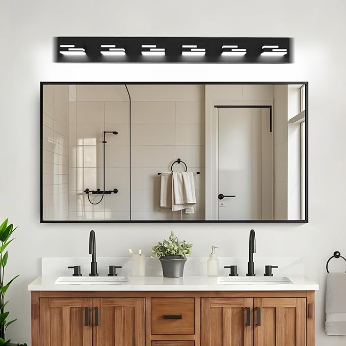 LED Modern Bathroom Vanity Light Fixtures, 6-Light 40-inch Dimmable Matte Black Vanity Lights for Bathroom Lighting Fixtures Over Mirror, with 350° Rotatable Acrylic Heads (Cool White 6000K)