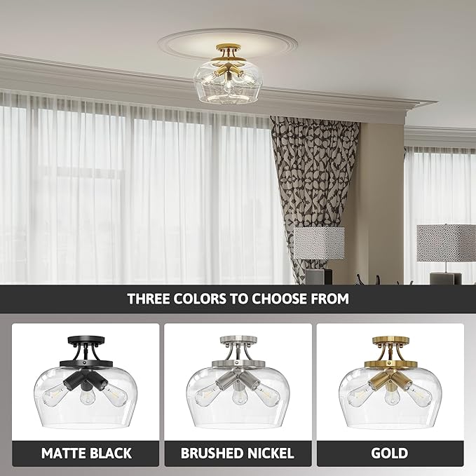 VONLUCE Semi Flush Mount Ceiling Light, 13.8" Ceiling Light Fixture with Clear Glass Shade, E26 Base, 3-Bulb Industrial Ceiling Light for Hallway Entryway Kitchen Bedroom, Brushed Gold